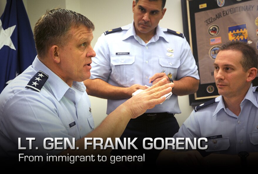 Air Force Assistant Vice Chief of Staff Lt. Gen. Frank Gorenc shares his journey as an immigrant on up to a top leader in today's Air Force. Gorenc was the Air Force District of Washington commander from June 2007 to August 2008. (U.S. Air Force graphic/Robin Meredith/photo by Master Sgt. Cecilio Ricardo) 
