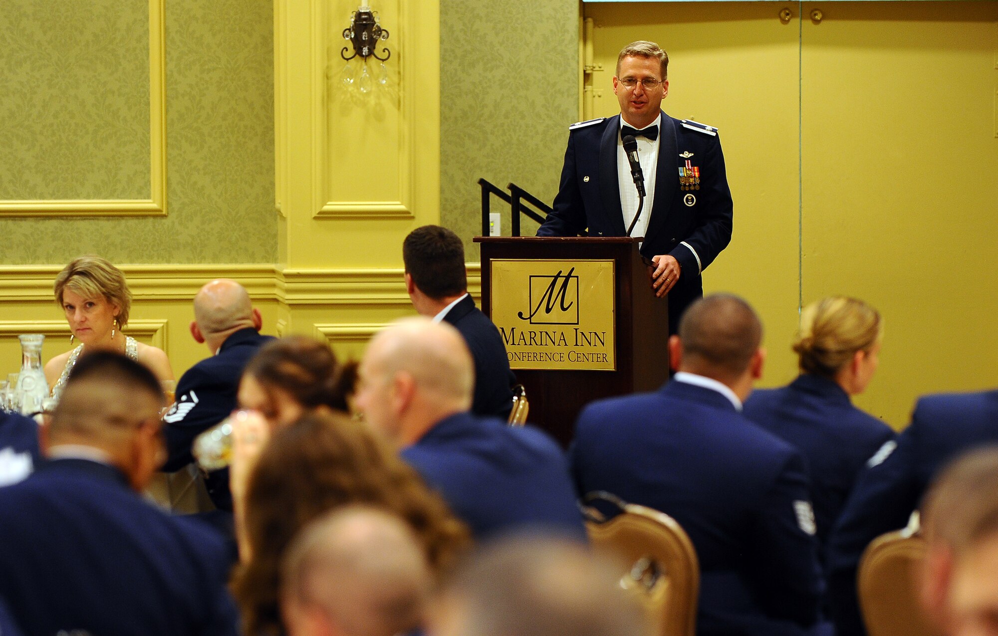 U.S. Air Force Lt. Col. Steve Polomsky, 343rd Recruiting Squadron commander, addresses members of his squadron during their annual awards banquet Oct. 13, 2011, at the Marina Inn and Conference Center in South Sioux City, Neb. In June 2013 Polomsky will take command of the Air Force Weather Agency’s Capabilities Division. (U.S. Air Force photo by Josh Plueger/Released)