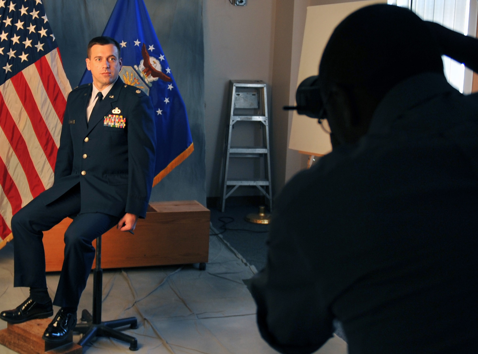 U.S. Air Force Lt. Col. Stephen Phillips, Air Force Weather Agency Lead Command Management Division chief, poses for an official photo at the 55th Wing Public Affairs studio April 1 at Offutt Air Force, Neb. In June Phillips will take command of the 343rd Recruiting Squadron. (U.S. Air Force photo by Jeff Gates/Released)
