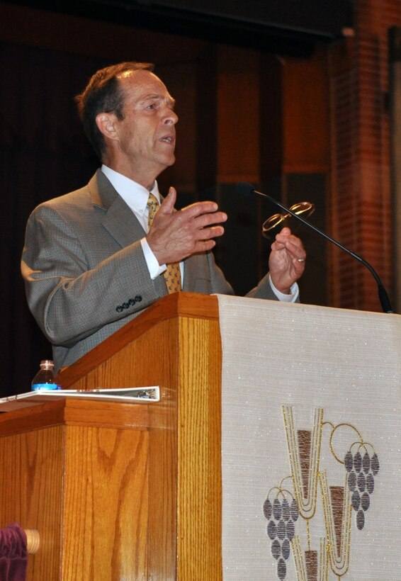Retired U.S. Chap. (Col.) Richard Garrison, the former Fort Eustis post chaplain, delivers an Easter message during the post's Easter Sunrise Service at the Regimental Memorial Chapel at Fort Eustis, Va., March 31, 2013. More than 75 guests participated in the hour-long morning ceremony in celebration of the Easter holiday. (U.S. Air Force photo by Senior Airman Jason J. Brown/Released)