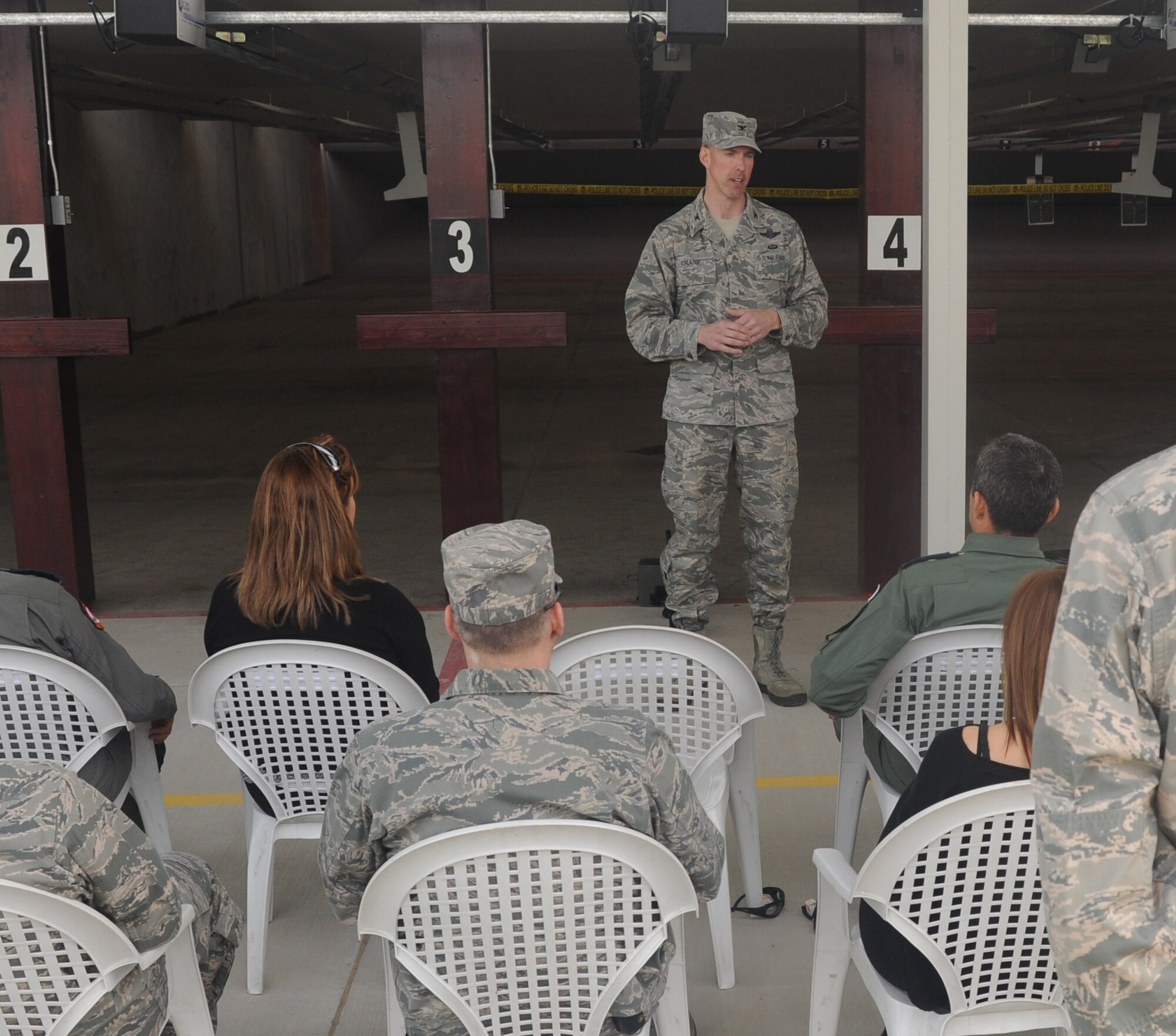 Col. Chris Craige, 39th Air Base Wing commander, speaks to members of the 39th ABW and the Turkish air force 10th Tanker Base Command during the reopening ceremony for the Combat Arms Training and Maintenance range April 1, 2013, at Incirlik Air Base, Turkey. The CATM range will be used jointly by U.S. and Turkish forces to help maintain readiness and qualifications. (U.S. Air Force photo by Staff Sgt. Eric Summers Jr./ Released)