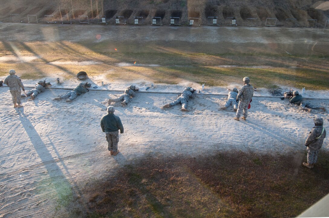U.S. Soldiers from the 597th Transportation Brigade zero their weapons at Range 2 March 27, 2013 at Fort Eustis, Va. Competitors participated in the rifle qualification portion of brigade’s annual Best Warrior Competition as one of 11 events to test Soldier skills.  (U.S. Air Force photo by Tech. Sgt. April Wickes/RELEASED)