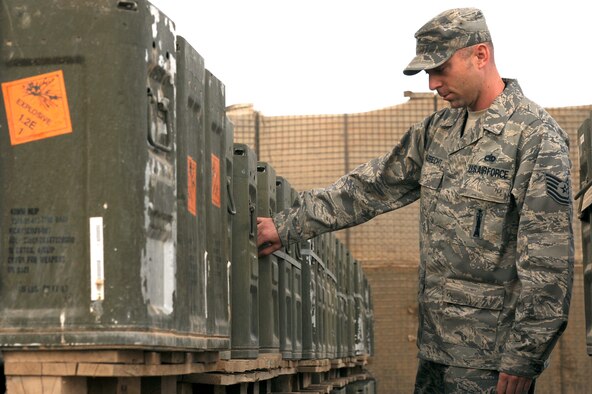 Tech. Sgt. Adam Albrecht, 386th Air Expeditionary Wing, Weapons Safety Noncommissioned Officer inspects chaff and flare canisters at an undisclosed base in Southwest Asia Apr 2, 2013. Albrecht recently returned from a forward deployment to Kabul, Afghanistan where he provided a capability the Afghans where lacking for more than two years. (U.S. Air Force photo by Senior Master Sgt. George Thompson)