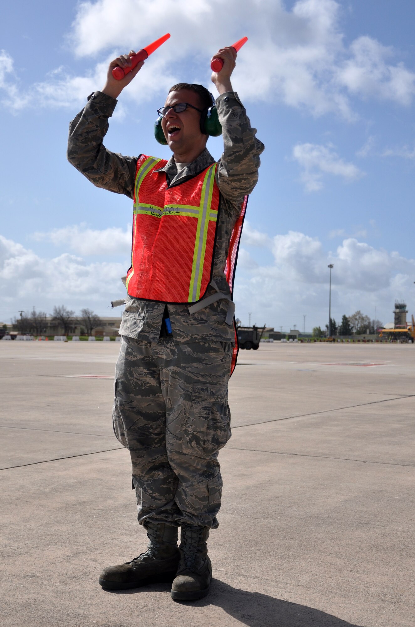 Airman 1st Class Larry May, 100th Aircraft Maintenance Squadron, marshals a KC-135 Stratotanker for launch April 1, 2013. Airmen and aircraft deployed from the 100th Air Refueling Wing, RAF Mildenhall, England, to southwest Europe as the 351st Expeditionary Air Refueling Squadron Jan. 26, 2013. The 351st EARS has completed more than 130 sorties supporting French fighter aircraft conducting operations in Mali. The sorties include more than 6 million pounds of fuel transferred. (U.S. Air Force photo by Capt. Jason Smith)
