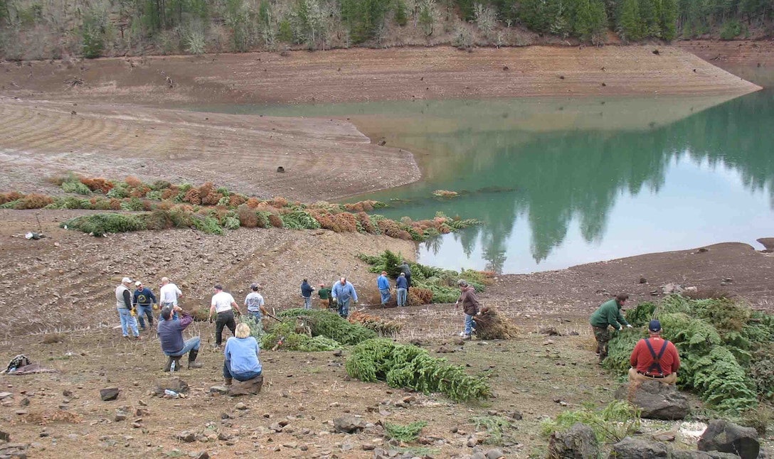 Members of the Upper Rogue Watershed Association and Oregon Black Bass Action Committee anchor about 500 old Christmas trees gathered by Boy Scouts in February 2010.