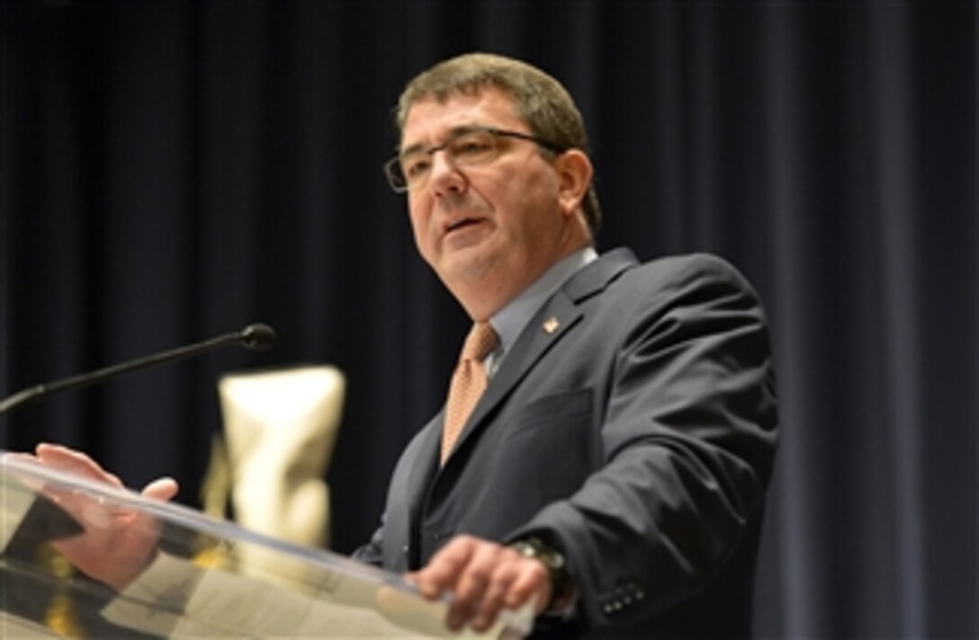 Deputy Secretary of Defense Ashton B. Carter delivers his remarks during a renaming ceremony of the William J. Perry Center for Hemispheric Defense Studies at the National Defense University at Fort McNair in Washington, D.C., on April 2, 2013.  The Center was renamed in honor of the 19th Secretary of Defense William J. Perry.  