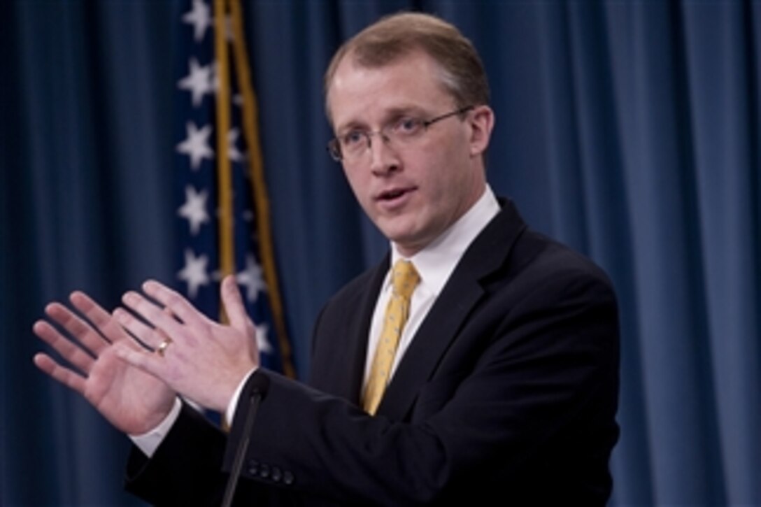 Pentagon Press Secretary George E. Little briefs the media in the Pentagon Briefing Room, on April 2, 2013.  Little touched on current topics such DoD employee furloughs and the recent provocations of North Korea.  