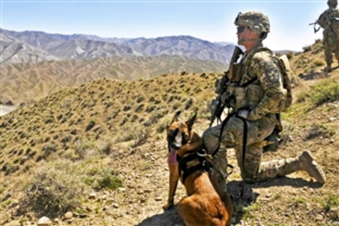 U.S. Army Sgt. Justin R. Pereira, right, and Laika 5, a military working dog trained to detect tactical explosives, provide security as Afghan border police break ground on a new checkpoint in the Spin Boldak district of Afghanistan's Kandahar province, March 25, 2013. Pereira and Laika 5 are assigned to the 2nd Infantry Division's 2nd Battalion, 23rd Infantry Regiment, 4th Striker Brigade Combat Team.