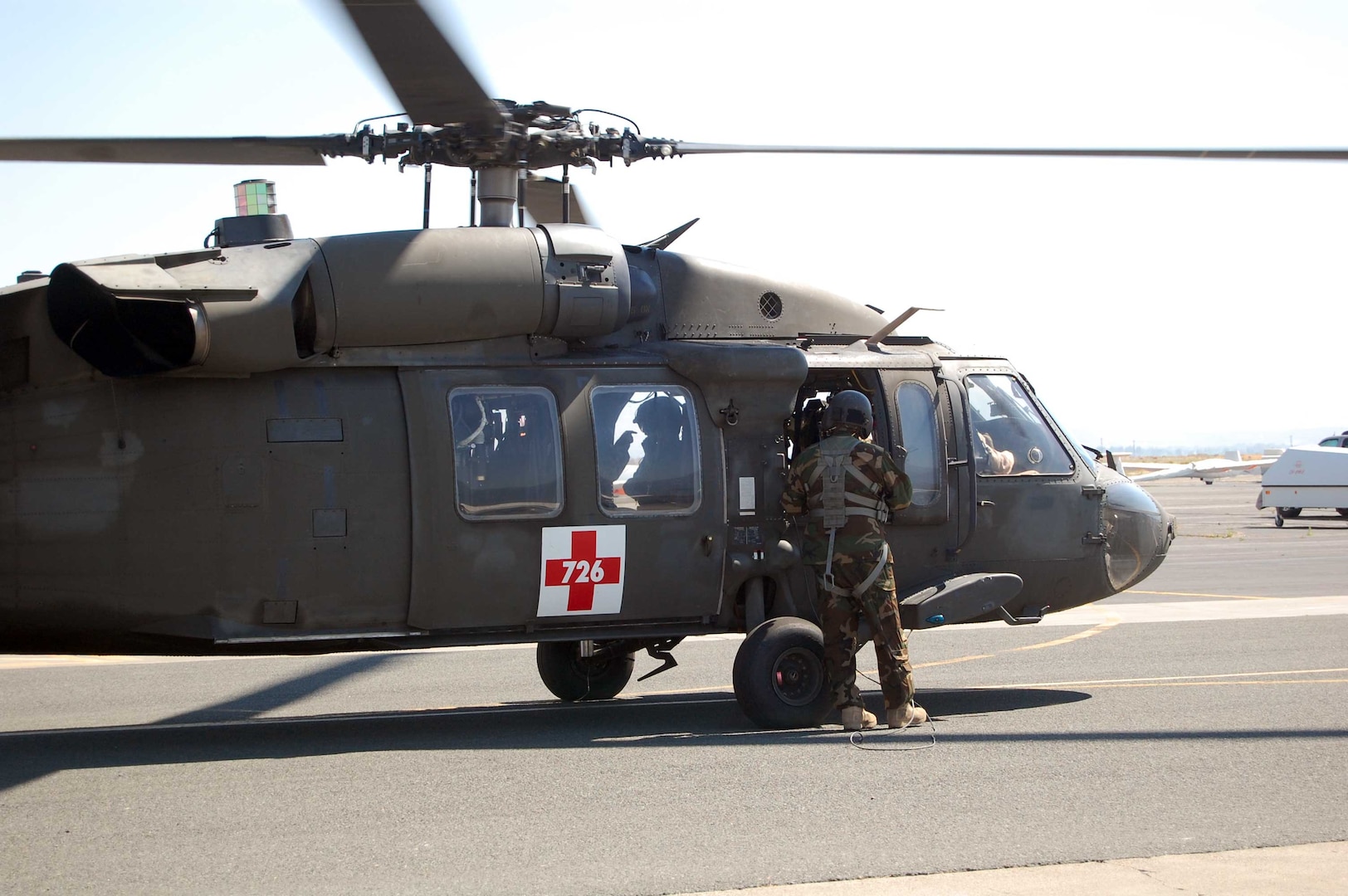 Nevada National Guard UH-60 Blackhawks are being used as part of the massive search efforts for famed aviator Steven Fosset whose private aircraft has been missing in Northern Nevada since Monday. Here, a medevac helicopter touches down at the Minden, Nevada, airport Thursday afternoon. The helicopters are ideal for search and rescue operations in the rugged, mountainous terrain of northern Nevada.