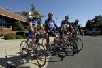 Riders with Operation American Spirit, stopped at the Oregon National Guard's Anderson Readiness Center, in Salem, Ore., Sept. 24, 2007. From left to right: Oregonian Kerry Kingsley-Smith, Actor Jack Scalia, Organization Executive Director, John Wordin, former Army Soldier, J.R. Martinez. The group plans to ride from Seattle to San Diego in order to raise funds and awareness for severely injured military veterans.