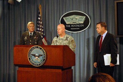 Chief of National Guard Bureau, LTG H Steven Blum, joins Brig. Gen. Peter Aylward, deputy director for Antiterrorism/Homeland Defense Joint Staff, and Paul McHale, assistant secretary of defense for Homeland Defense in a press conference at the Pentagon to discuss the National Guard and other military response to the wildfires that continue to burn throughout southern California on Oct. 23.