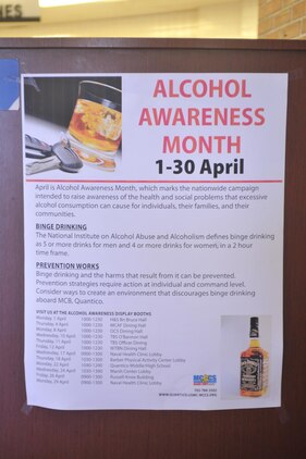 An alcohol awareness poster listing the places where the display will be is posted at Bruce Hall mess hall on April 1, 2013. Informing Marines about alcohol awareness is CSACC's goal during the month of April.