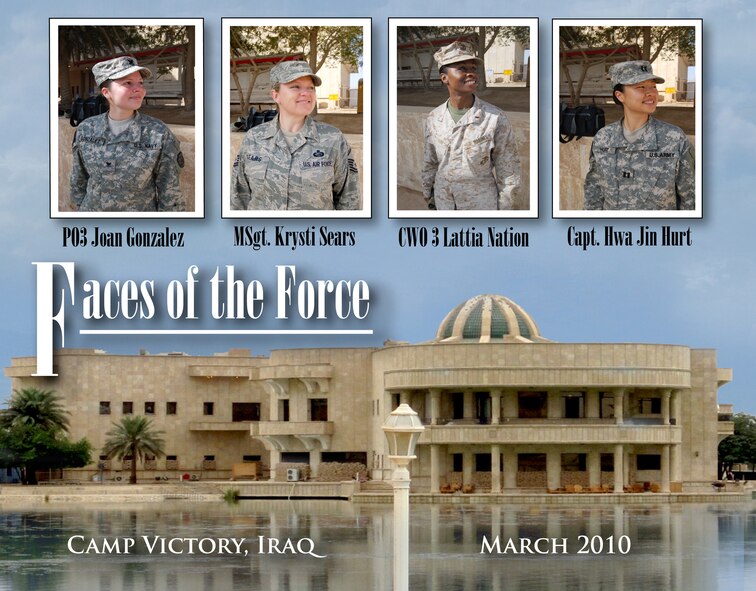 As a senior airman Staff Sgt. Luis Loza Gutirrez, used photos of Army Capt. Hwa Jin Hurt; Navy Petty Officer 3rd Class Joann Gonzalez; Air Force Master Sgt. Kristy Sears; and Marine Corps Chief Warrant Officer Lattia Nation Victory Times to pay tribute to all U.S. servicewomen by redesigning a World War II era poster. The four female service members all worked out of the building nicknamed the "Juicer" on Camp Victory, Iraq. (U.S. Air Force graphic/Staff Sgt. Luis Loza Gutierrez)