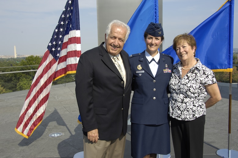 Col. Nina Armagno, 30th Space Wing commander, poses with her parents, Anthony and Naida Armagno, outside of the The Air Force Memorial in Washington D.C during her promotion ceremony to colonel in September 2007. (Courtesy photo)