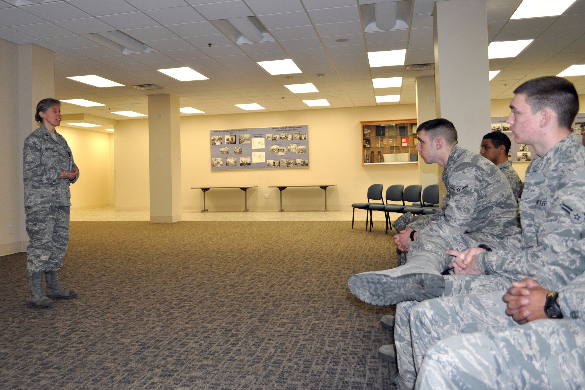 Capt. Connie Burnette, 375th Medical Group chief of mental health, briefs about benefits provided to sexual assault victims or anyone needing to see a mental health physician during a base tour for a first-term Airman's class March 28, 2013.  The tour introduced the class to the different organizations involved with assisting sexual assault victims.  (U.S. photo/Staff Sgt. Maria Bowman)