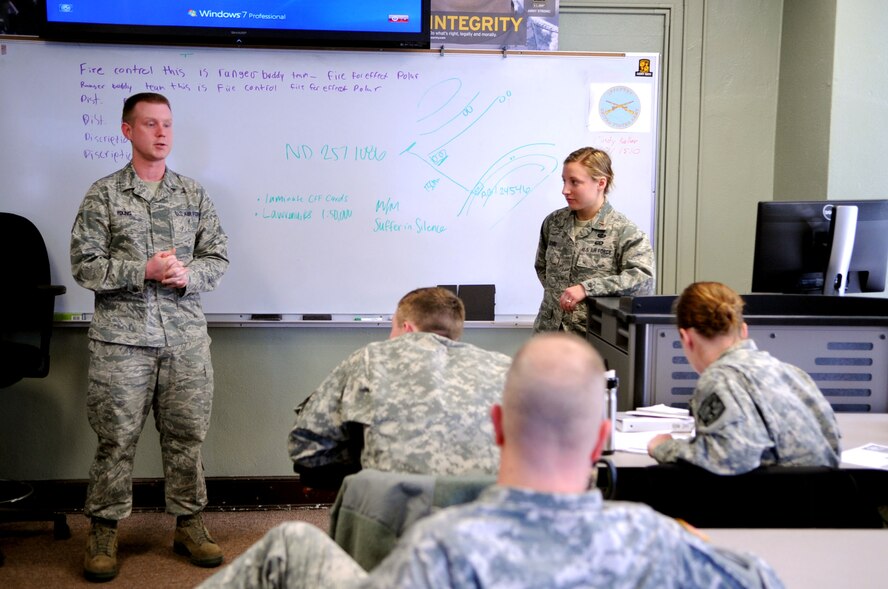 Staff Sgt. Christopher Young and 2nd Lt. Elizabeth Levri, both of the 319th Force Support Squadron Military Personnel Section, brief University of North Dakota Army Reserve Officer Training Corps (ROTC) cadets about their upcoming permanent change of station requirements at UND Campus Grand Forks, N.D., April 2, 2013. The Grand Forks Air Force Base TMO and Military Personnel Section volunteered to brief the soon-to-be-commissioned Army ROTC cadets about what to do before moving to their first duty station. (U.S. Air Force photo /Staff Sgt. Amanda N. Grabiec)