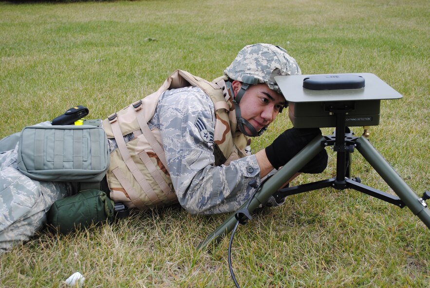 Senior Airman Richard Brcka from the 319th Operations Support Squadron Weather Flight begins setting up weather monitoring equipment during a readiness exercise, March 1, 2013, an Grand Forks Air Force Base, N.D. In the field and focused on operational weather; the Weather Flights are the third tier of Air Force Weather and the prime interface with an installation's flying and ground operations.(U.S Air Force photo/Staff. Sgt. Luis Loza Gutierrez)