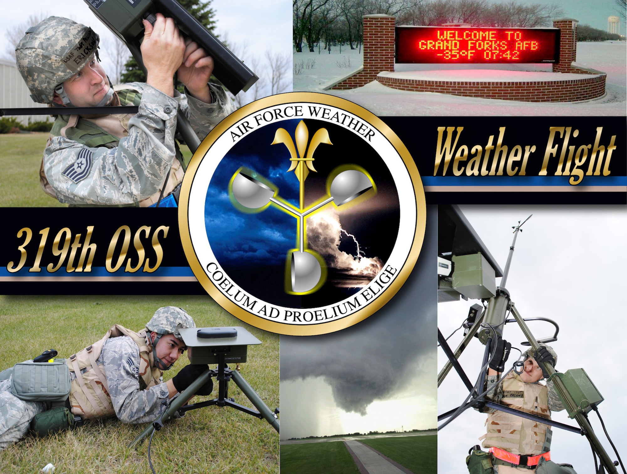 The 319th Operations Support Squadron Weather Flight collage. In the field and focused on operational weather; the Weather Flights are the third tier of Air Force Weather and the prime interface with an installation's flying and ground operations. (U.S Air Force photo illustration/Staff. Sgt. Luis Loza Gutierrez)