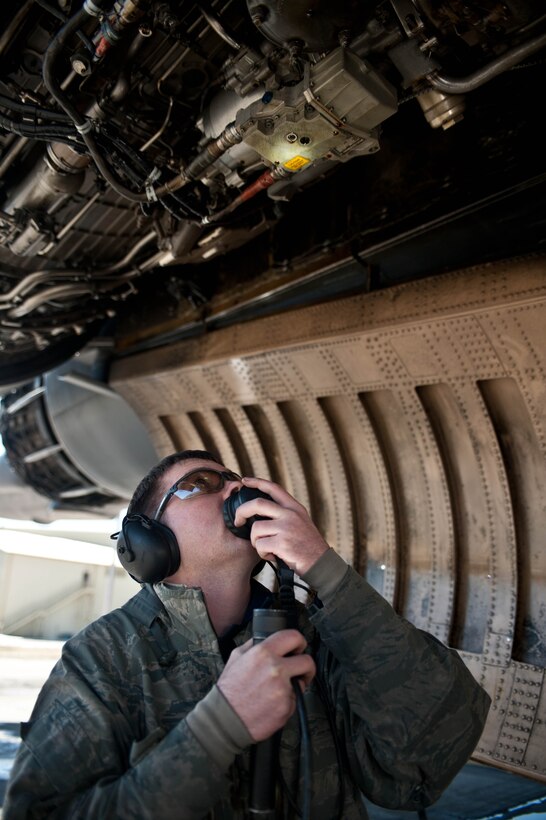 Senior Airman Kerry Bowden, 28th Aircraft Maintenance Squadron aerospace propulsion technician, examines the propulsion system of a B-1 bomber for leaks and cracks during a safety inspection at Ellsworth Air Force Base, S.D., March 28, 2013. Ellsworth B-1 bombers provide the U.S. with ground and air superiority, an advantage that would not be possible without Airmen who work around-the-clock to service and repair B-1s at a moment's notice. (U.S. Air Force photo by Airman 1st Class Zachary Hada/Released)