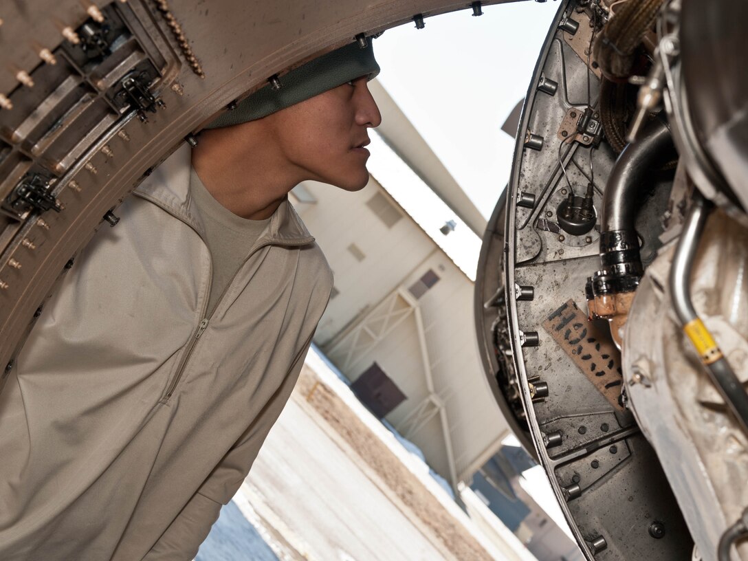 Airman 1st Class Stefon Douglas, 28th Aircraft Maintenance Squadron aerospace propulsion technician, examines the propulsion system of a B-1 bomber during an inspection at Ellsworth Air Force Base, S.D., March 28, 2013. Aerospace propulsion technicians contribute to the success of B-1 missions to provide critical long-range strike capability and close air support as necessary. (U.S. Air Force photo by Airman 1st Class Zachary Hada/Released)