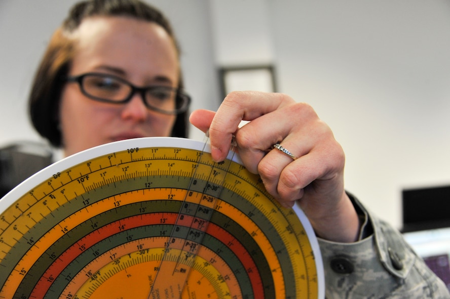U.S. Air Force Senior Airman Heather Rieck, 509th Operation Support Squadron weather journeyman, examines a slide rule, Whiteman Air Force Base, Mo., March 20, 2013. Before the extensive use of computers, a slide ruler was used to calculate temperature, dew point, atmospheric pressure and wind speeds. (U.S. Air Force photo by Airman 1st Class Keenan Berry/Released)   

