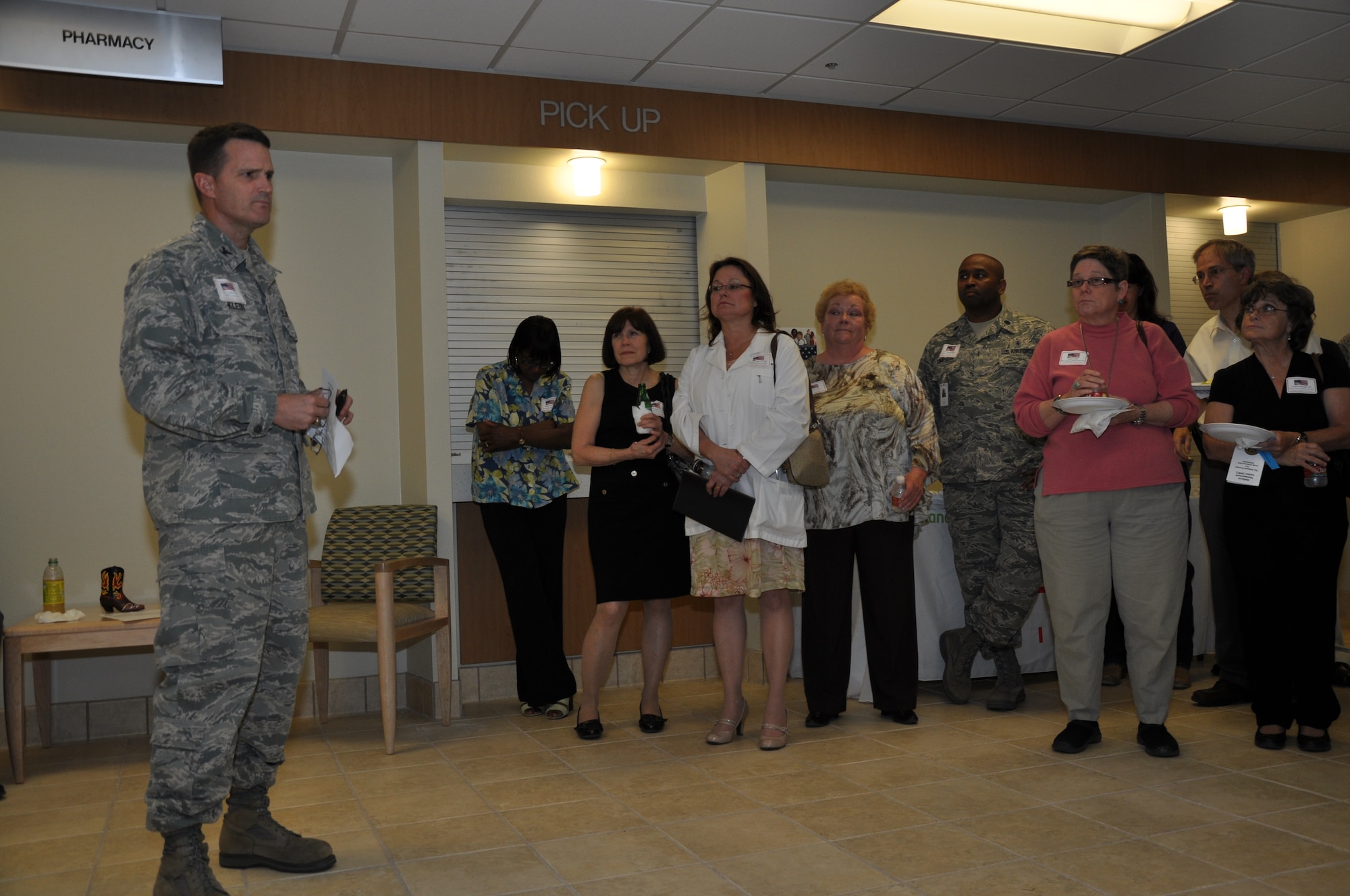 GOODFELLOW AIR FORCE BASE, Texas - Col. Kelly Klein, 17th Medical Group Commander, speaks to civilians from the Ross Clinic referrals program and to Ross Clinic personnel at the provider collaboration meeting in the Ross Clinic, here, March 28. Klein provided information on the clinic and thanked everyone for the hard work they do. (U.S. Air Force photo/ Airman 1st Class Joshua Edwards)