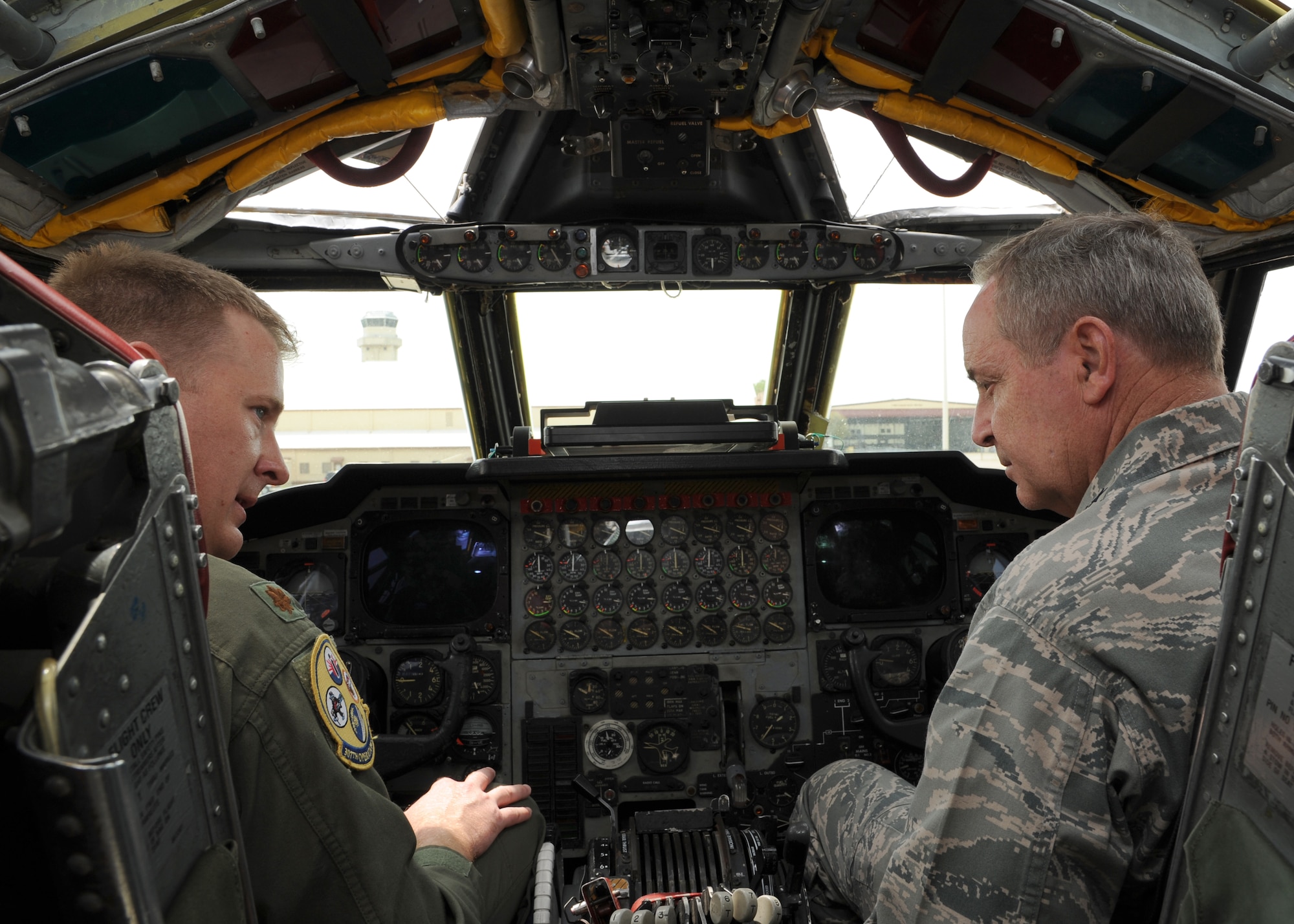 Maj. Bryan Bailey, a 307th Bomb Wing instructor pilot, sits alongside Air Force Chief of Staff Gen. Mark A. Welsh III, aboard a B-52H Stratofortress bomber, highlighting the airplane’s capabilities. Welsh and Chief Master Sgt. of the Air Force James Cody met with Airmen at Barksdale Air Force Base, La., during a visit April 2-3, 2013, reinforcing the importance of Air Force Global Strike Command’s mission to provide combat ready forces for nuclear deterrence and global strike operations. (U.S. Air Force photo/Airman 1st Class Joseph Pagan)