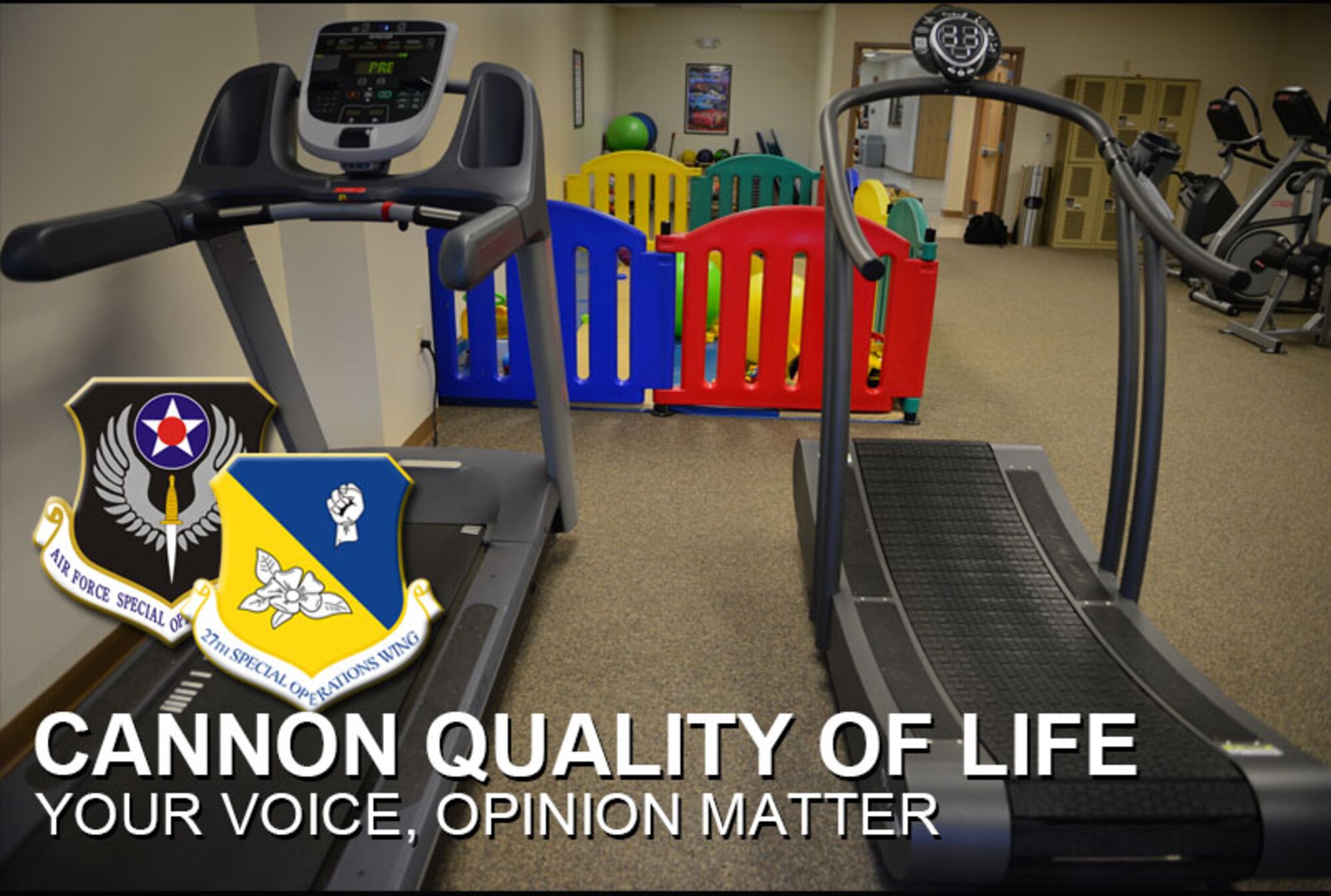 The Family Fitness Room at the Fitness Center was a recent community-suggested base improvement that consisted of removing the unused restrooms at the front of the facility to create an area for parents to watch their children while working out at Cannon Air Force Base, N.M. In conjunction with the 2013 Air Force Community Assessment survey, which is scheduled to launch at Cannon April 5, wing leadership will initiate another opportunity to solicit feedback from all members of the Cannon community via the 27th Special Operations Wing Facebook page, this month. (U.S. Air Force photo/Airman 1st Class Eboni Reece)  