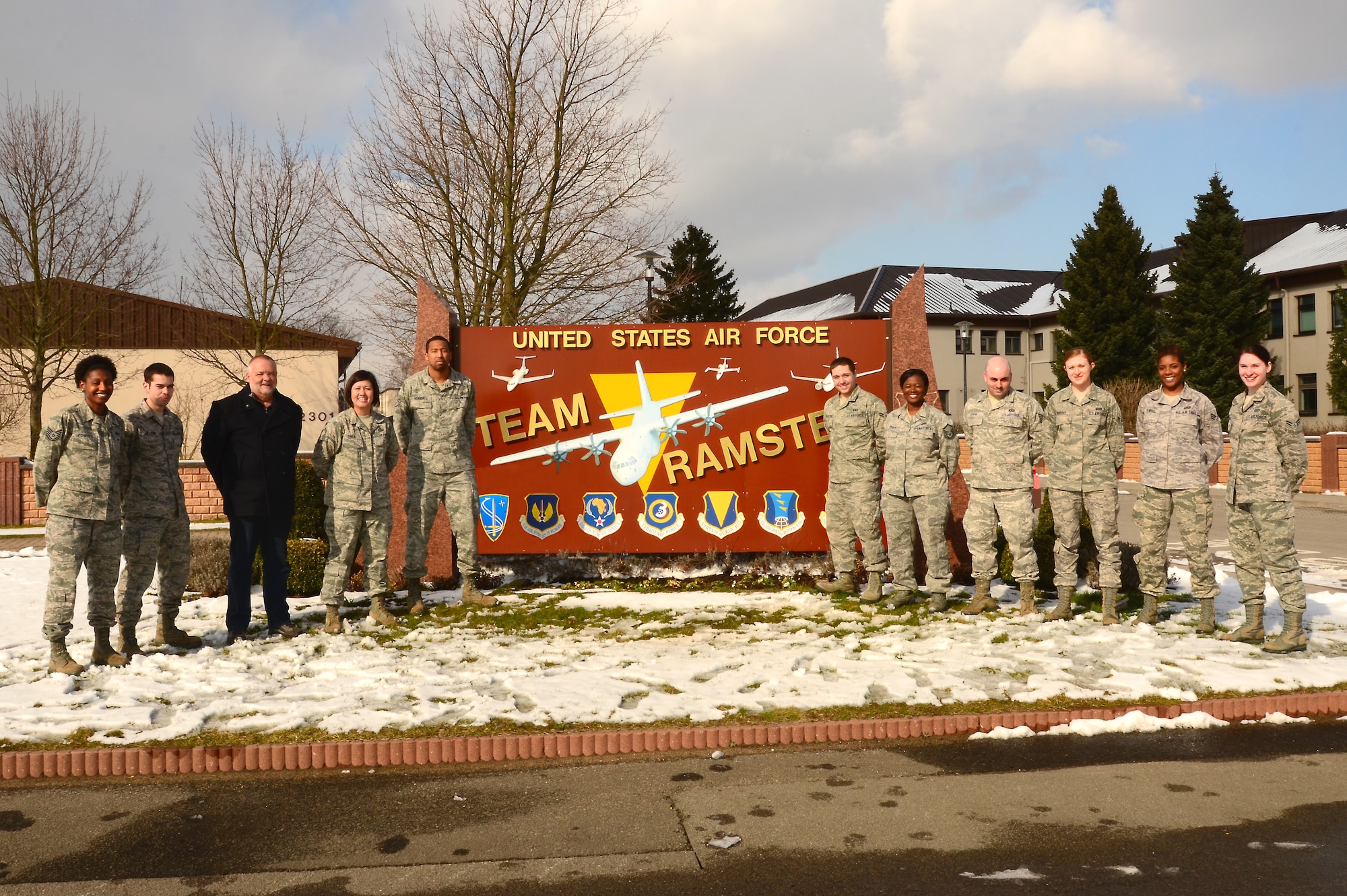 The 86th Operations Group poses for a photo March. 28, 2013. Ramstein Air Base Germany. The 86th OG was awarded the Aviation Resource Management Team of the Year Award in U.S. Air Forces in Europe and Air Forces Africa. The outstanding small unit ARM team’s prestigious award highlights units from the 86th Operation Support Squadron, 86th Aeromedical Evacuation Squadron, 76th Airlift Squadron and the 37th AS. Courtesy photo