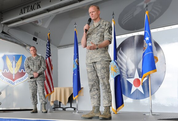 Chief Master Sgt. of the Air Force James Cody explains recent changes within the Air Force during an Airman’s Call, April 1, 2013, at Moody Air Force Base, Ga. Cody, along with Air Force Chief of Staff Gen. Mark A. Welsh III, spoke about current Air Force priorities and what Airmen can expect from budget cut impacts. (U.S. Air Force photo by Airman Alexis Grotz)