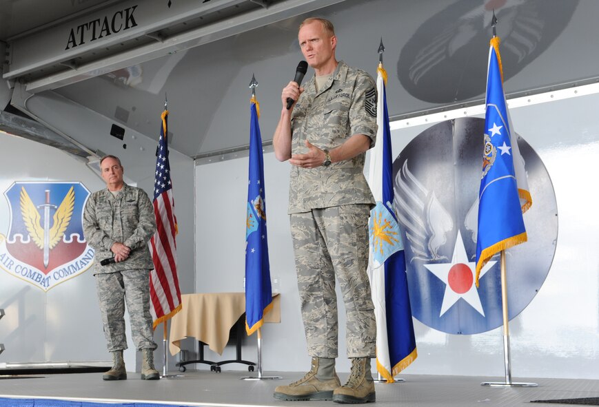 Chief Master Sgt. of the Air Force James Cody explains recent changes within the Air Force during an Airman’s Call, April 1, 2013, at Moody Air Force Base, Ga. Cody, along with Air Force Chief of Staff Gen. Mark A. Welsh III, spoke about current Air Force priorities and what Airmen can expect from budget cut impacts. (U.S. Air Force photo by Airman Alexis Grotz)