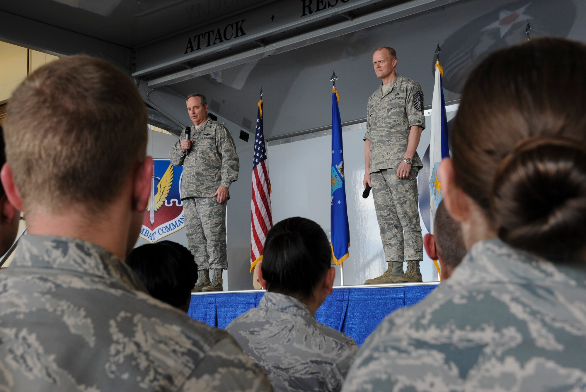 Air Force Chief of Staff Gen. Mark A. Welsh III and Chief Master Sgt. of the Air Force James Cody share their career experiences during an Airman’s Call, April 1, 2013, at Moody Air Force Base, Ga. During the Airman’s Call, Welsh and Cody also addressed current Air Force priorities and answered questions from Airmen. (U.S. Air Force photo by Airman Alexis Grotz)