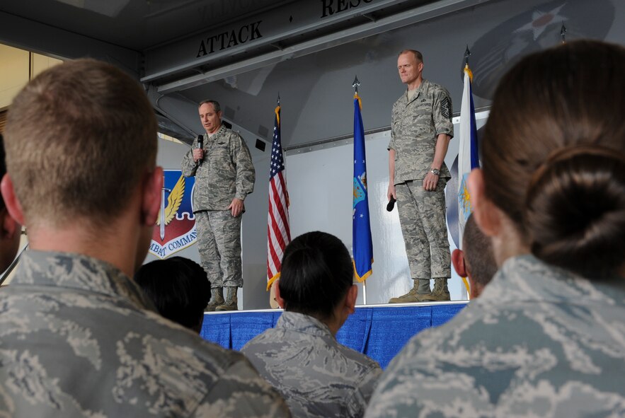 Air Force Chief of Staff Gen. Mark A. Welsh III and Chief Master Sgt. of the Air Force James Cody share their career experiences during an Airman’s Call, April 1, 2013, at Moody Air Force Base, Ga. During the Airman’s Call, Welsh and Cody also addressed current Air Force priorities and answered questions from Airmen. (U.S. Air Force photo by Airman Alexis Grotz)