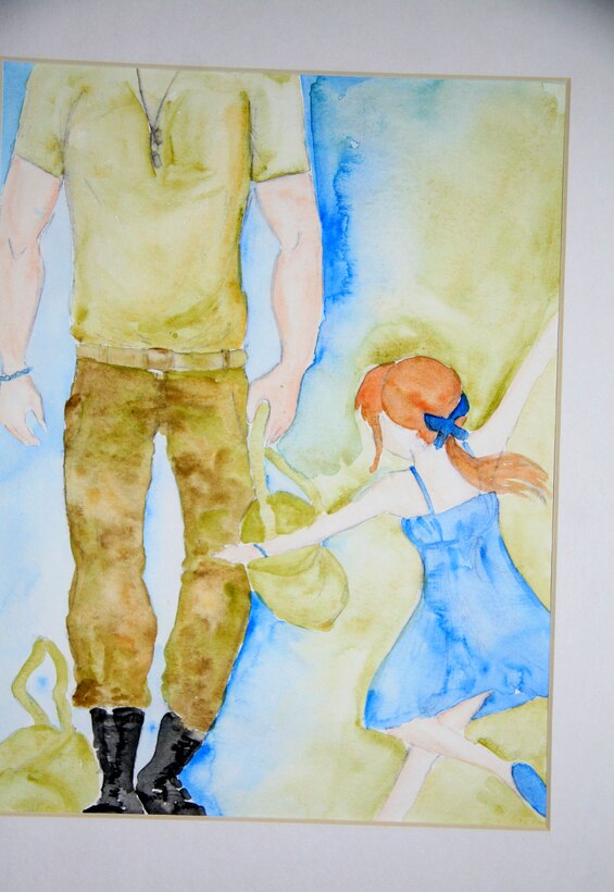 Aubrey Hansberry, a high school senior from an Army family, is the artist for this depiction of a child running toward her father coming home from deployment. Nearly 50 illustrations, paintings and writings were on display at the U.S. Education Department on April 3, 2013, in observance of the Month of the Military Child. DOD photo by Terri Moon Cronk