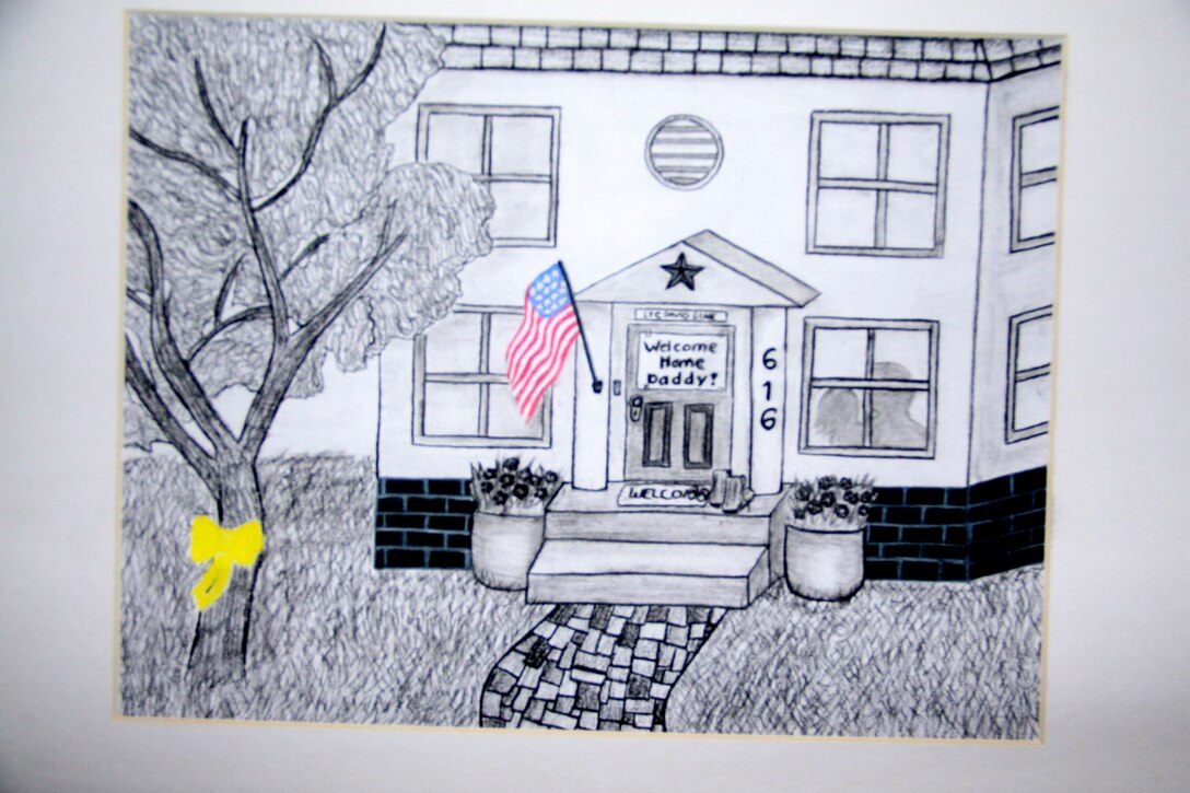 Tiffany Hernandez, a seventh-grader from an Air Force family, painted "Welcome Home Daddy." Nearly 50 illustrations, paintings and writings were on display at the U.S. Education Department on April 3, 2013, in observance of the Month of the Military Child. DOD photo by Terri Moon Cronk