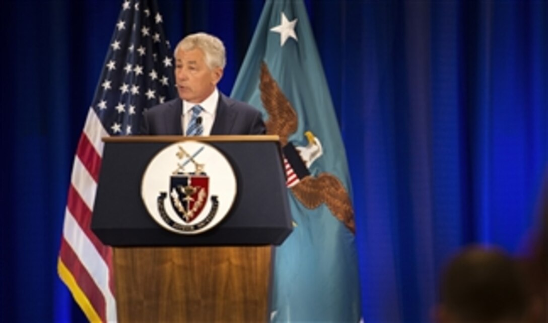 Secretary of Defense Chuck Hagel tells the audience of the strategic and fiscal challenges facing the Department of Defense during his speech at the National Defense University on Fort McNair in Washington, D.C., on April 3, 2013.  Hagel addressed the challenges posed by the changing strategic landscape, the choices in responding to those challenges, and the opportunities that exist to fundamentally reshape the defense enterprise to better reflect 21st century realities.  