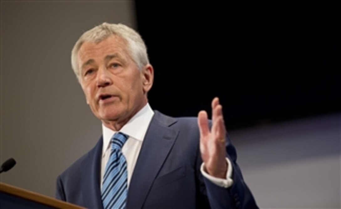 Secretary of Defense Chuck Hagel tells the audience of the strategic and fiscal challenges facing the Department of Defense during his speech at the National Defense University on Fort McNair in Washington, D.C., on April 3, 2013.  Hagel addressed the challenges posed by the changing strategic landscape, the choices in responding to those challenges, and the opportunities that exist to fundamentally reshape the defense enterprise to better reflect 21st century realities.  