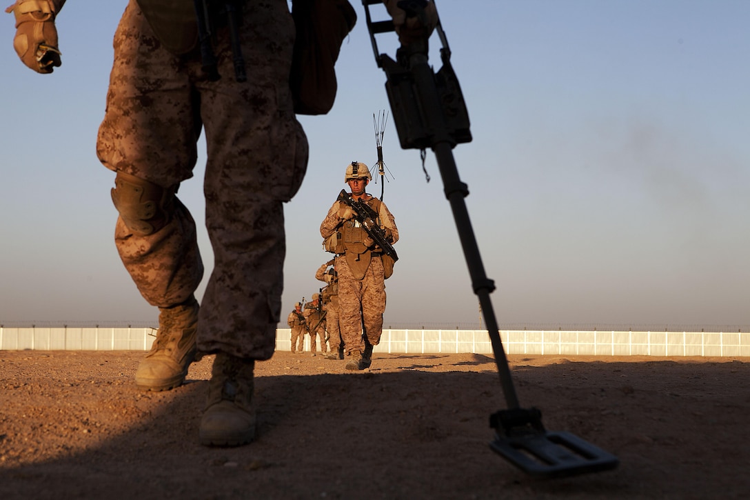 U.S. Marine Corps Lance Cpl. Ryan Burdge, a rifleman with Kilo Company, 3rd Battalion, 4th Marine Regiment, uses a metal detector during Counter Improvised Explosive Device (CIED) training at Camp Leatherneck, Helmand Province, Afghanistan, April 3, 2013. The training, taught by 2d Combat Engineer Battalion instructors, covered CIED tactics and techniques in a Military Operations in Urban Terrain environment. (U.S. Marine Corps Photo by Sgt. Tammy K. Hineline)