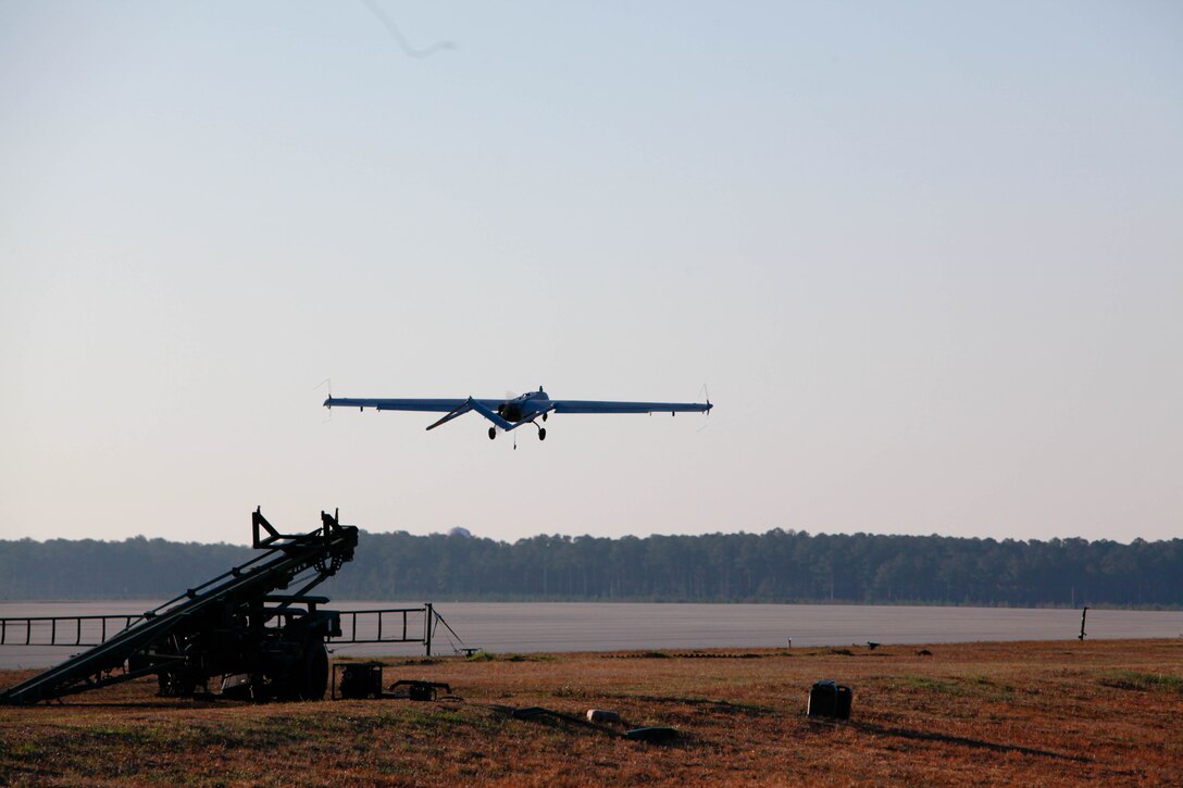 Marine Unmanned Aerial Squadron 2 launches one of the squadrons RQ-7B Shadows at Marine Corps Air Station Cherry Point, N.C., Feb. 28.