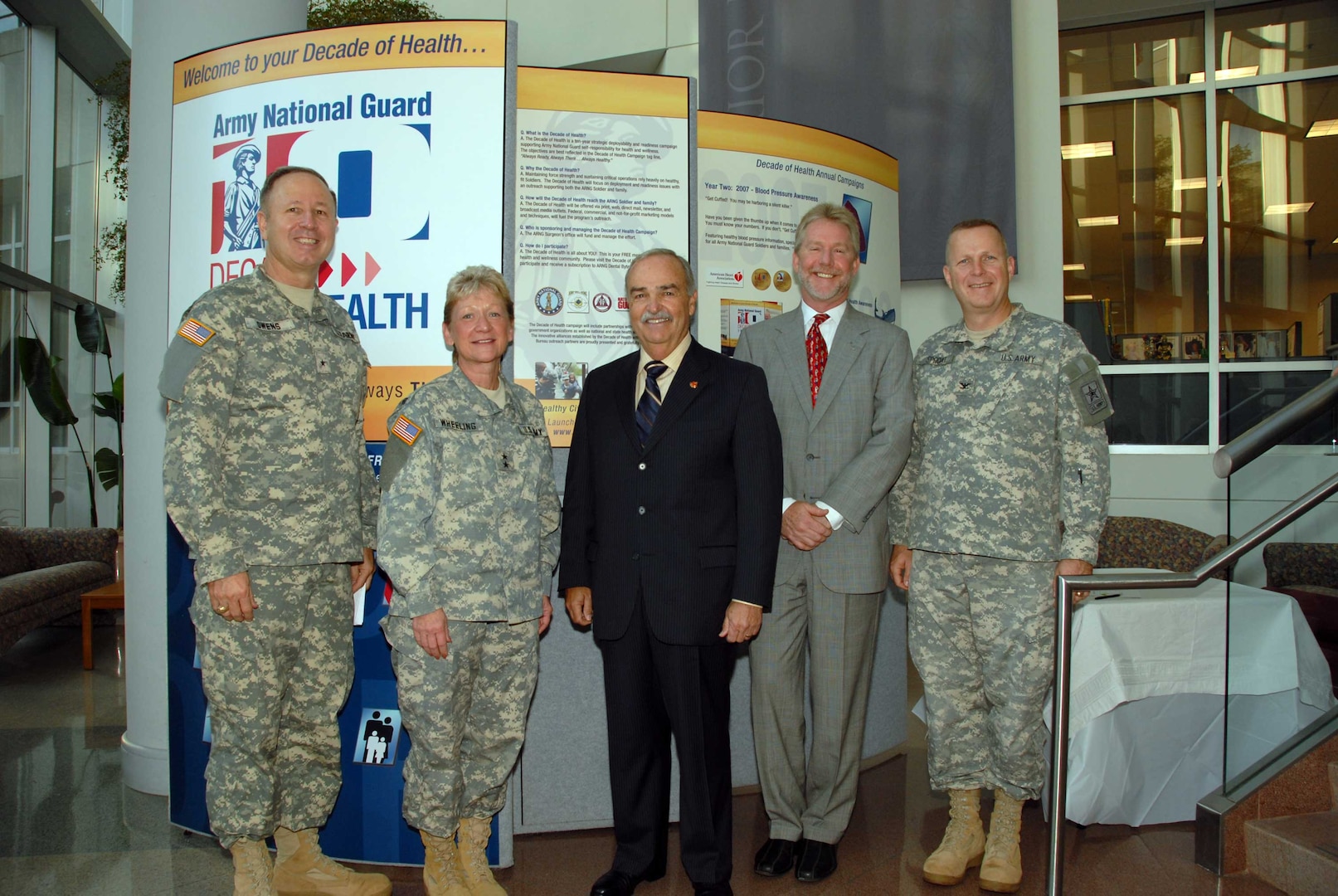 From left, Brig. Gen. Darren Owens, special assistant to the director, Army National Guard; Maj. Gen. Deborah Wheeling, deputy surgeon general for the Army National Guard; Lawrence Sadwin, past chairman of the American Heart Association; David Markiewicz, executive director of the American Heart Association, Mid-Atlantic; and Col. David Sproat, the Army Guard's chief surgeon, gather to highlight the Army Guard Readiness Center's efforts to become a Start! Fit Friendly worksite. Start! encourages employers to cultivate an environment of physical activity and health through walking. The initiative expands the Army National Guard's Decade of Health Program, a 10-year outreach campaign that promotes a healthy military force, "Always Ready, Always There...Always Healthy."