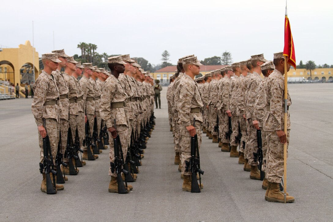 Recruits of Platoon 2127, Company F, 2nd Recruit Training Battalion, wait for the next command given by their drill instructor during final drill aboard Marine Corps Recruit Depot March 18. 