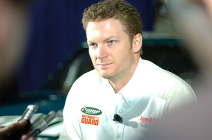 NASCAR auto racer Dale Earnhardt Jr. speaks with members of the press Jan. 23 at Hendrick Motorsports headquarters outside Charlotte, N.C. Earnhardt will drive the National Guard's co-sponsored No. 88 Sprint Cup car and will join Landon Cassill to co-drive the Guard's primary-sponsored No. 05 Nationwide Series car. NASCAR's auto racing season starts in mid-February at Daytona International Speedway, Fla.