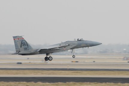 An F-15C Eagle took flight at Lambert-Saint Louis International Airport when the 131st Fighter Wing resumed flight operations January 10. The F-15s, from the 110th Fighter Squadron of the Missouri Air National Guard, have not flown since the crash of one of its F-15C, four miles south-southeast of Boss, Missouri, Nov 2. The aircraft was destroyed upon impact, but there were no fatalities and the crash caused minimal property damage. Air Force Air Combat Command officials have released the accident investigation board report that cited failure of a longeron as the cause of the crash.  The report noted that the pilot's actions did not contribute to the mishap and a thorough review of local maintenance procedures revealed no problems or adverse trends which could have contributed to the accident. Air Force officials cleared a portion of its F-15 A through D models to resume flying.