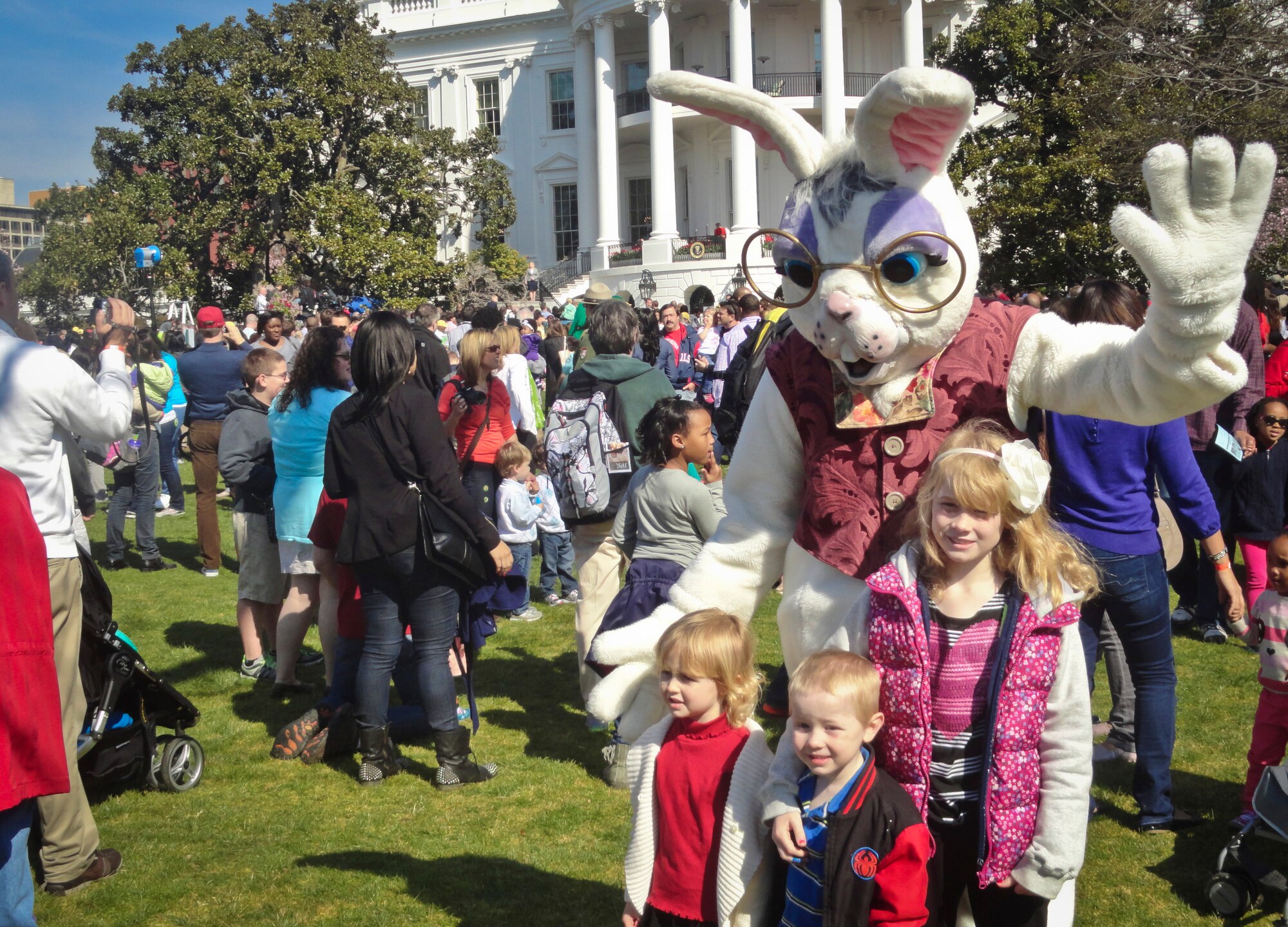 Ellie, 4, Jaxon, 3, and Abigail Winward, 9, pose for a photo with the Easter Bunny during the 135th Annual White House Easter Egg Roll in Washington, D.C., April 1, 2013. The Winwards are children of Lt. Col. Lynn Winward, 305th Operations Group deputy commander. The event with the first family was attended by more than 30,000 guests, to include members of the Joint Base McGuire-Dix-Lakehurst community, at the White House’s South Lawn. (U.S. Air Force courtesy photo/Released)