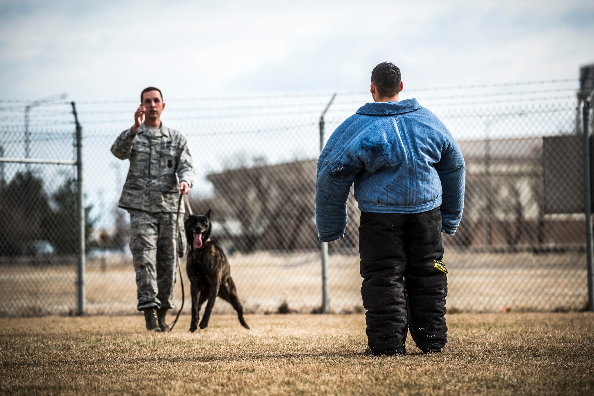 U.S. Air Force Staff Sgt. Robert Wilson (left), 366th Security Forces Squadron dog handler, explains his next demonstration with Military Working Dog Troll and Staff Sgt. Lucas Medelez at the 366 SFS military working dog kennel at Mountain Home Air Force Base, Idaho, April 1, 2013. Wilson demonstrated different commands and scenarios where military working dogs are used to maintain control of a suspect. (U.S. Air Force photo/Tech. Sgt. Samuel Morse)