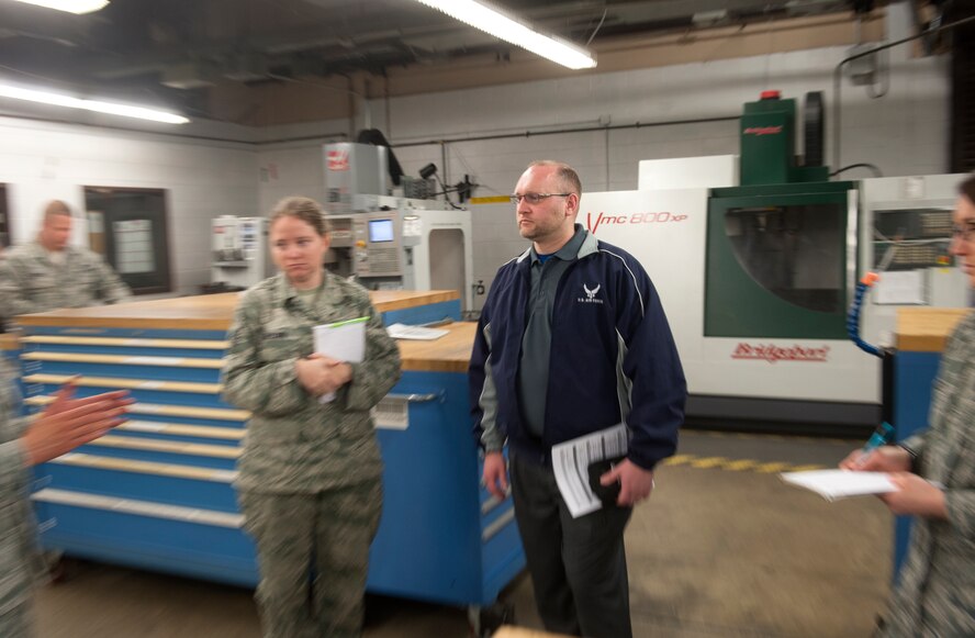 Ryan Fictum, a senior occupational health and safety specialist, conducts a health-risk assessment of the 23d Equipment Maintenance Squadron metals technology shop at Moody Air Force Base, Ga., March 25, 2013. Conducting health-risk assessments is one of the Bioenvironmental Flight’s responsibilities to ensure Occupational Safety and Health Administration regulation compliance throughout base. (U.S. Air Force photo by Senior Airman Jarrod Grammel/Released)
