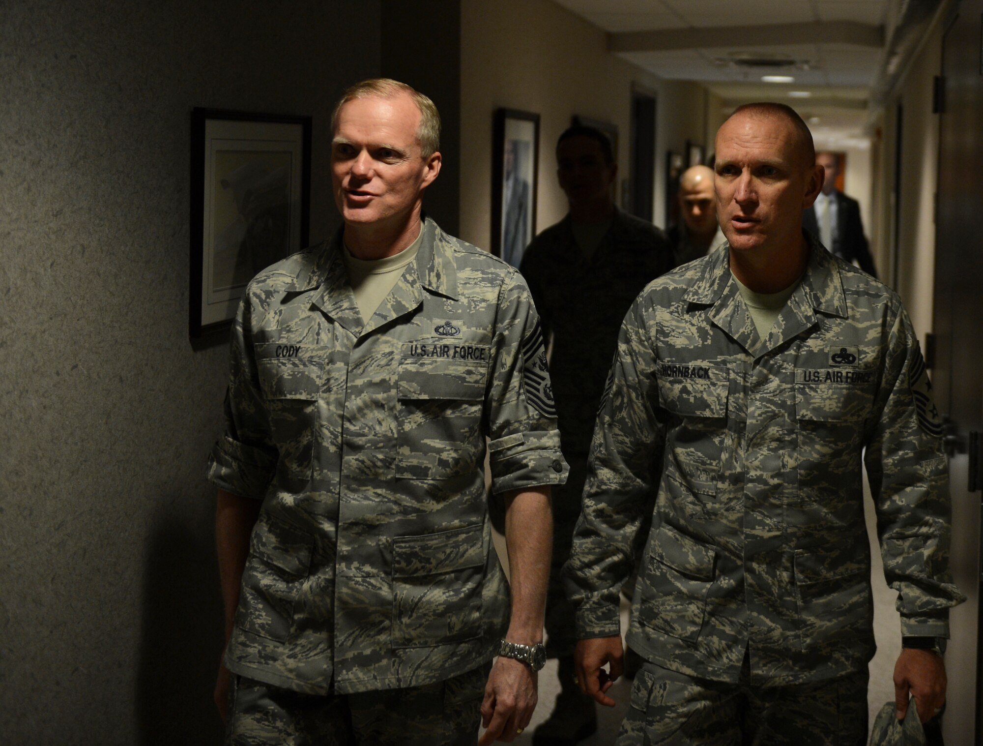 Chief Master Sgt. Brian Hornback, Air Force Global Strike Command command chief, speaks with Chief Master Sgt. of the Air Force James A. Cody at AFGSC Headquarters on Barksdale Air Force Base, La., April 2, 2013. The chief's spoke about the command's Airmen and the challenges and opportunities they have. (U.S. Air Force photo/Senior Airman Micaiah Anthony)