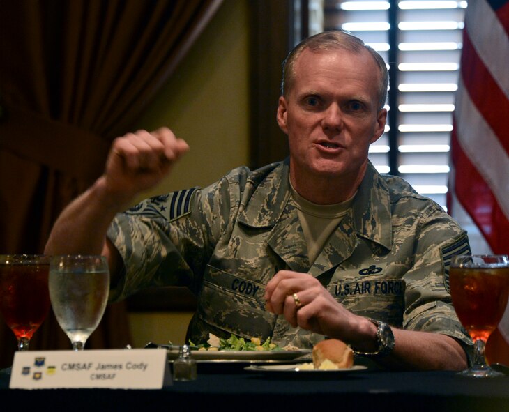 Chief Master Sgt. of the Air Force James A. Cody explains the importance of the Enlisted Performance Report rating system to Senior NCO's at the Barksdale Club on Barksdale Air Force Base, La., April 2, 2013. The CMSAF visited Barksdale along with the Chief of Staff of the Air Force Gen. Mark A. Welsh III where they shared their views on the challenges and opportunities facing today's Airmen. (U.S. Air Force photo/Senior Airman Micaiah Anthony)