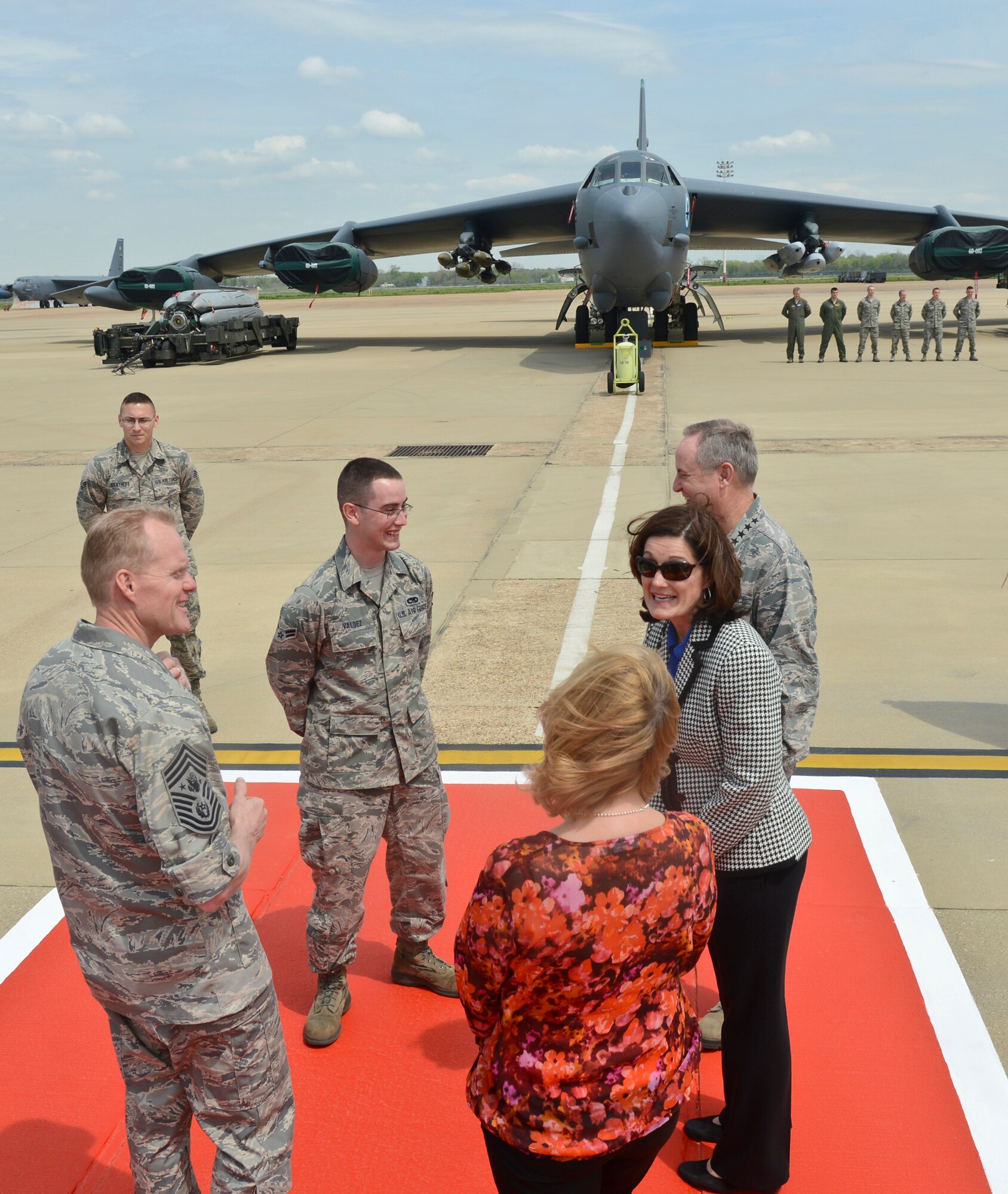 Airman 1st Class Nicholas Valdez, 2nd Munitions Squadron, speaks with Air Force Chief of Staff Gen. Mark A. Welsh III and Chief Master Sgt. of the Air Force James A. Cody about the B-52H Stratofortress bomber's munitions capabilities on Barksdale Air Force Base, La., April 2, 2013. (U.S. Air Force photo/Senior Airman Micaiah Anthony)
