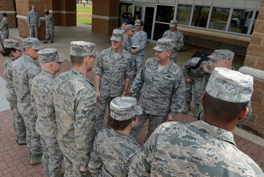Air Force Chief of Staff Gen. Mark A. Welsh III and Chief Master Sgt. of the Air Force James A. Cody met with Airmen from the 2nd Force Support Squadron after touring the newly dedicated Senior Airman Bryan Bell Fitness Center on Barksdale Air Force Base, La., April 2, 2013. (U.S. Air Force photo/Senior Airman Micaiah Anthony)